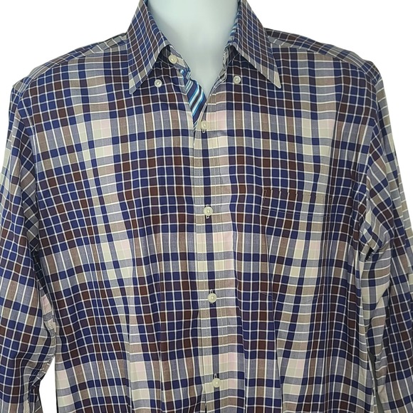 Tailorbyrd Collection Dress Shirt Large Blue Brown Plaid Mens Career Long Sleeve - Picture 1 of 15
